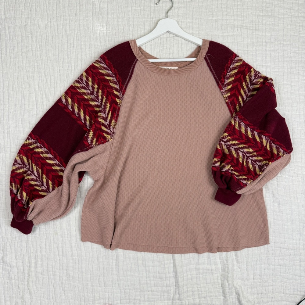 Free People Rainbow Dreams Thermal Waffle Knit‎ Wide Sleeve Top Size L Oversized